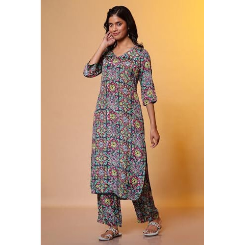 Aurelia Women's Viscose Floral Regular Kurta (24Fea15220_Blue