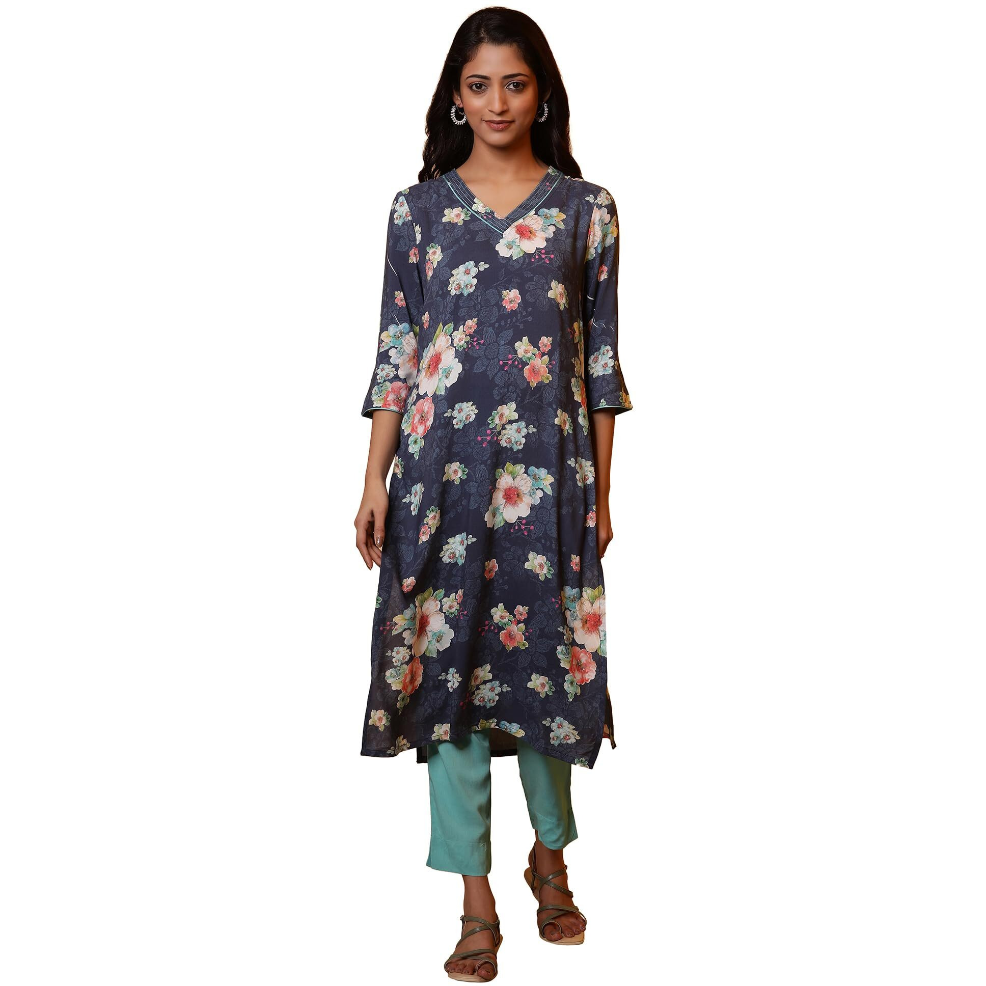 Aurelia Womens Floral Printed Straight Kurta | V-Neck Kurta For Women | Floral Printed Kurta For Women | Beautiful Regular Fit Kurta For Women Blue