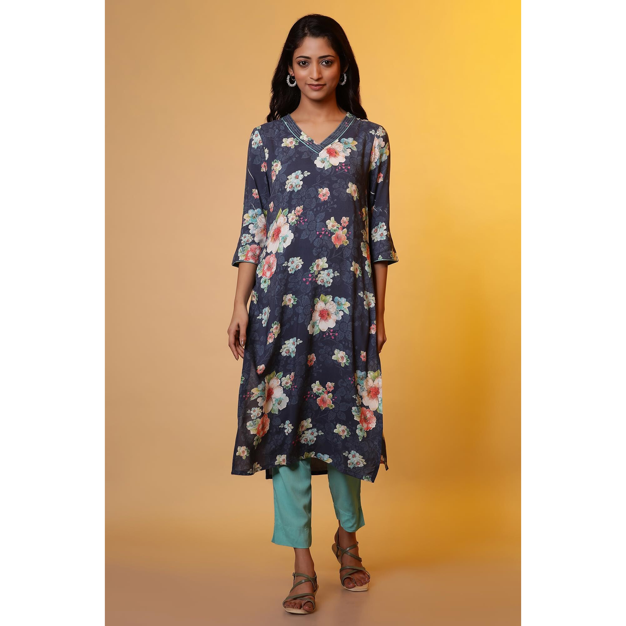 Aurelia Womens Floral Printed Straight Kurta | V-Neck Kurta For Women | Floral Printed Kurta For Women | Beautiful Regular Fit Kurta For Women Blue