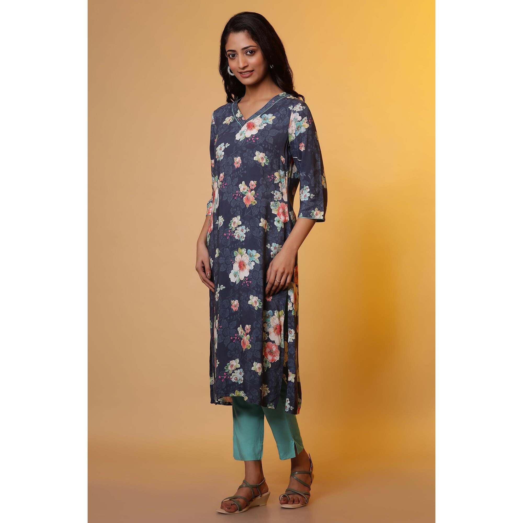 Aurelia Womens Floral Printed Straight Kurta | V-Neck Kurta For Women | Floral Printed Kurta For Women | Beautiful Regular Fit Kurta For Women Blue