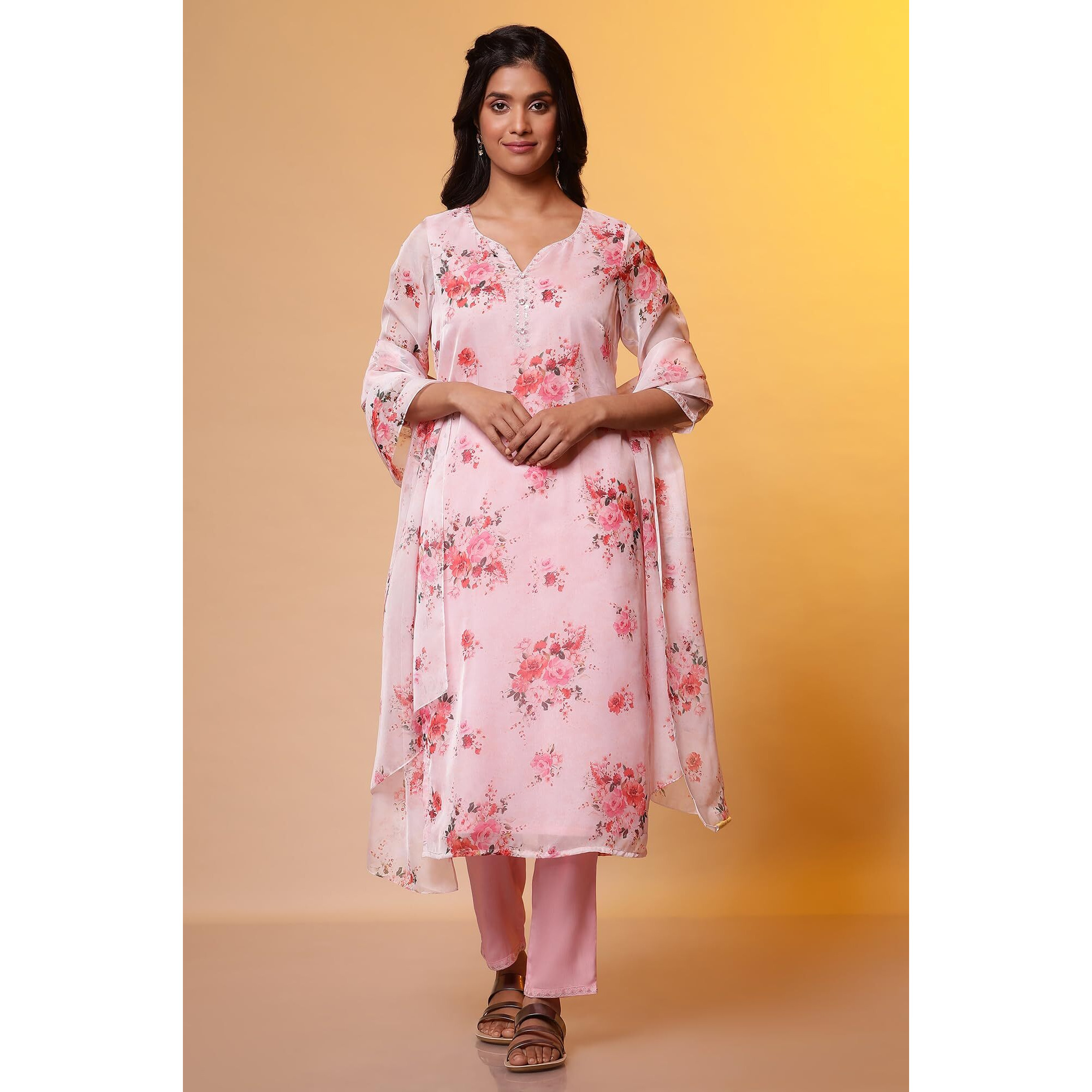 Aurelia Pink Floral Printed Straight Kurta, Pants And Organza Dupatta (Size Xs)-24Feas15215-508259