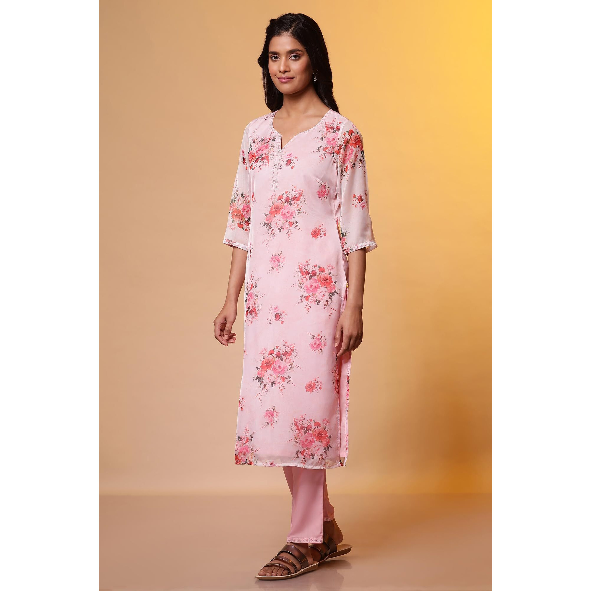 Aurelia Pink Floral Printed Straight Kurta, Pants And Organza Dupatta (Size Xs)-24Feas15215-508259