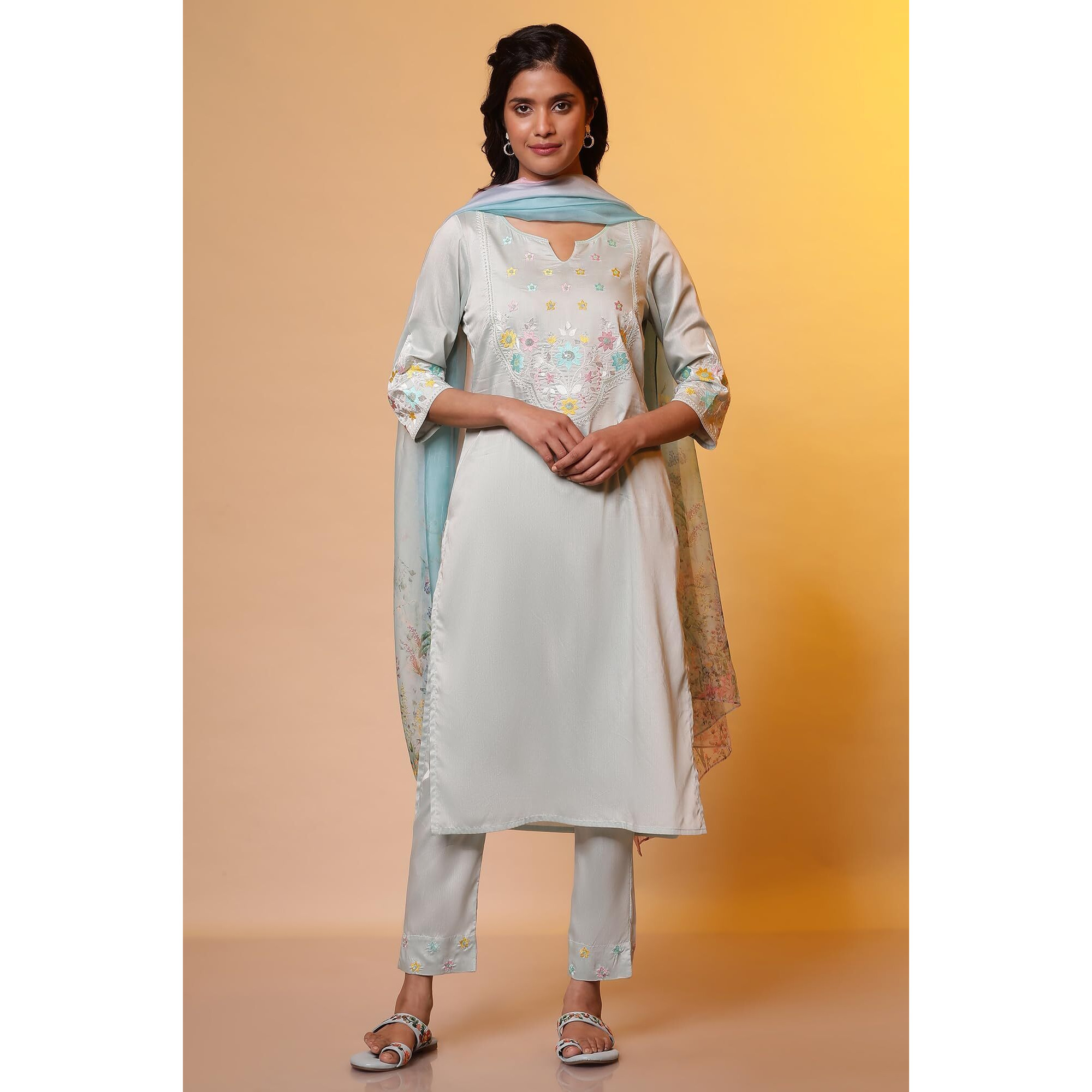 Aurelia Sea Green Embroidered Kurta, Pants And Dupatta Set (Size M)-24Feas15227-704947