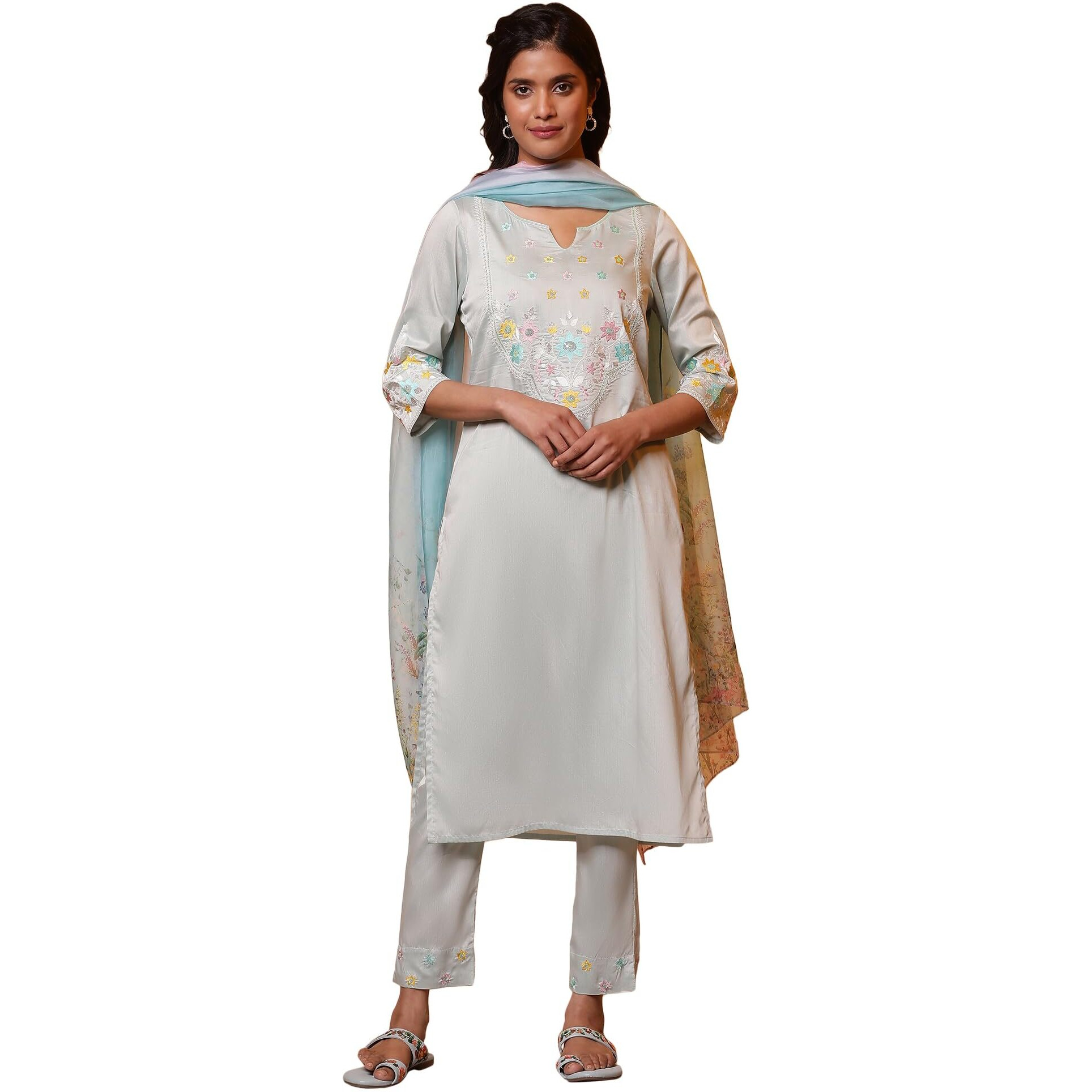 Aurelia Sea Green Embroidered Kurta, Pants And Dupatta Set (Size S)-24Feas15227-704947