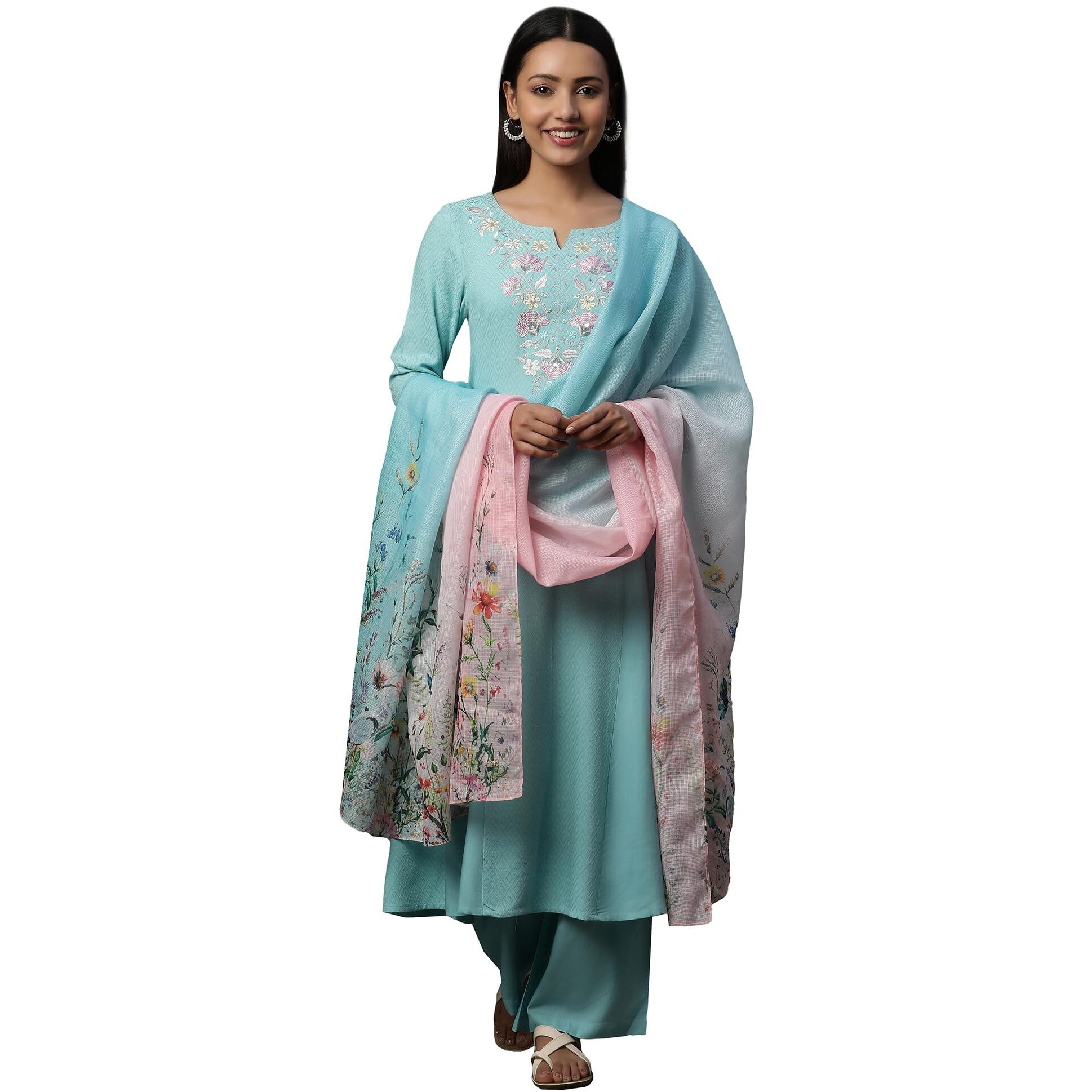 Aurelia Blue Embroidered Kurta, Pants And Floral Printed Dupatta Set (Size Xl)-24Feas15225-607196