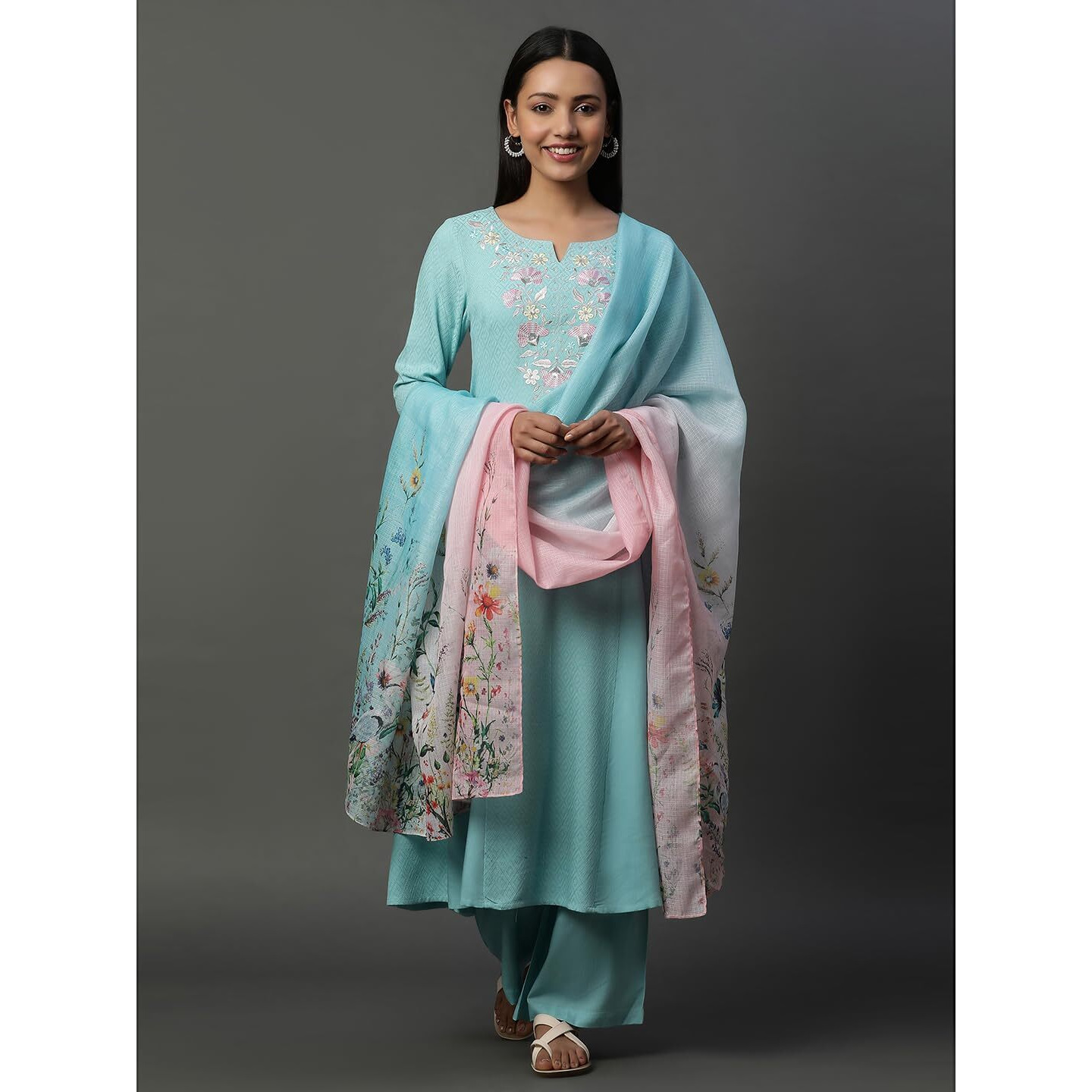 Aurelia Blue Embroidered Kurta, Pants And Floral Printed Dupatta Set (Size Xl)-24Feas15225-607196