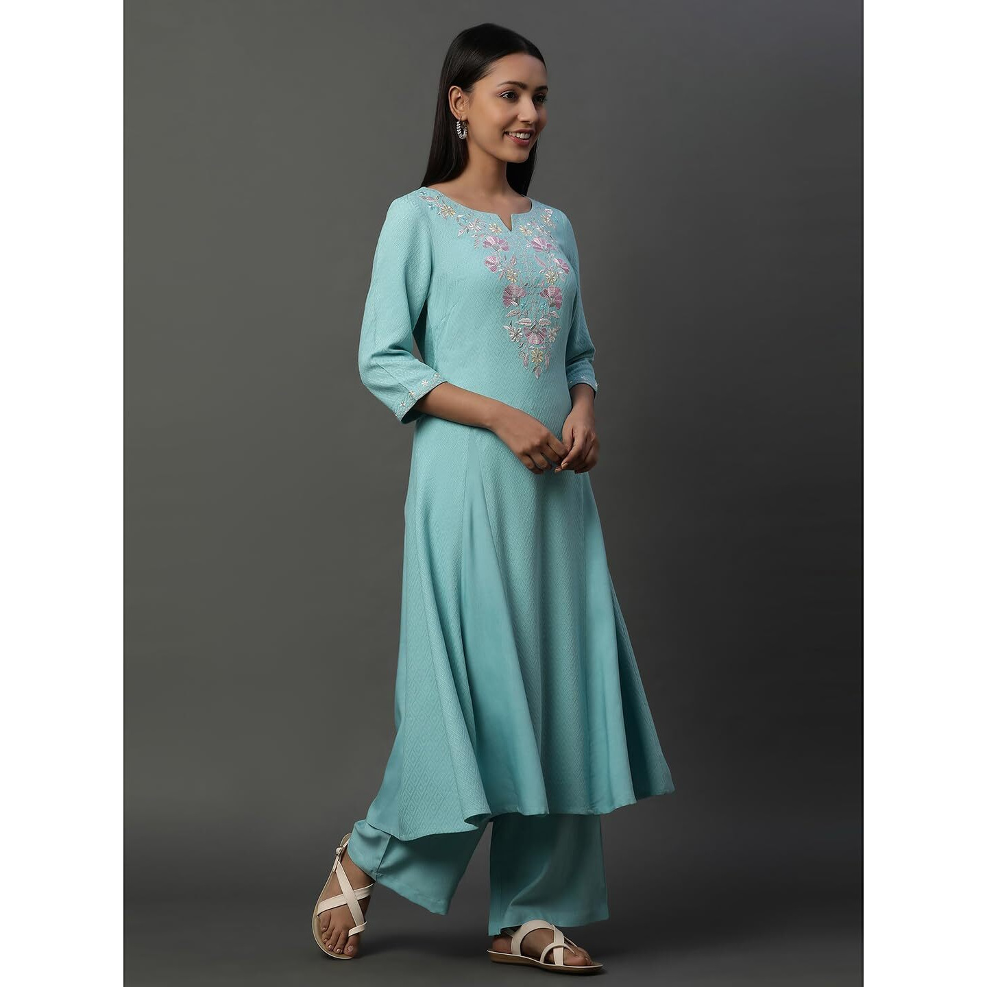 Aurelia Blue Embroidered Kurta, Pants And Floral Printed Dupatta Set (Size Xl)-24Feas15225-607196