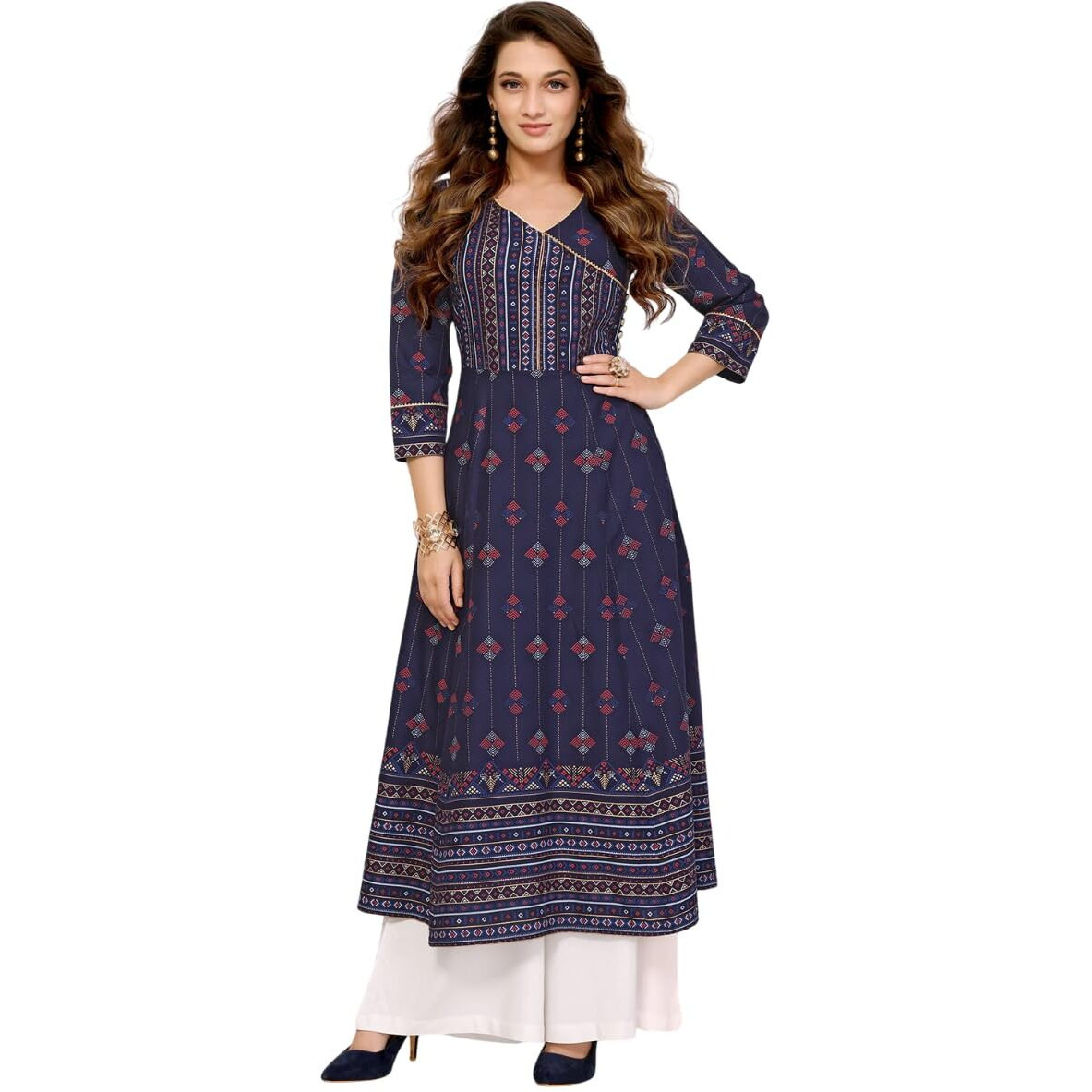 Rangita Navy Rayon Calf Length Printed Angrakha Kurti | Kurta For Women_Xl