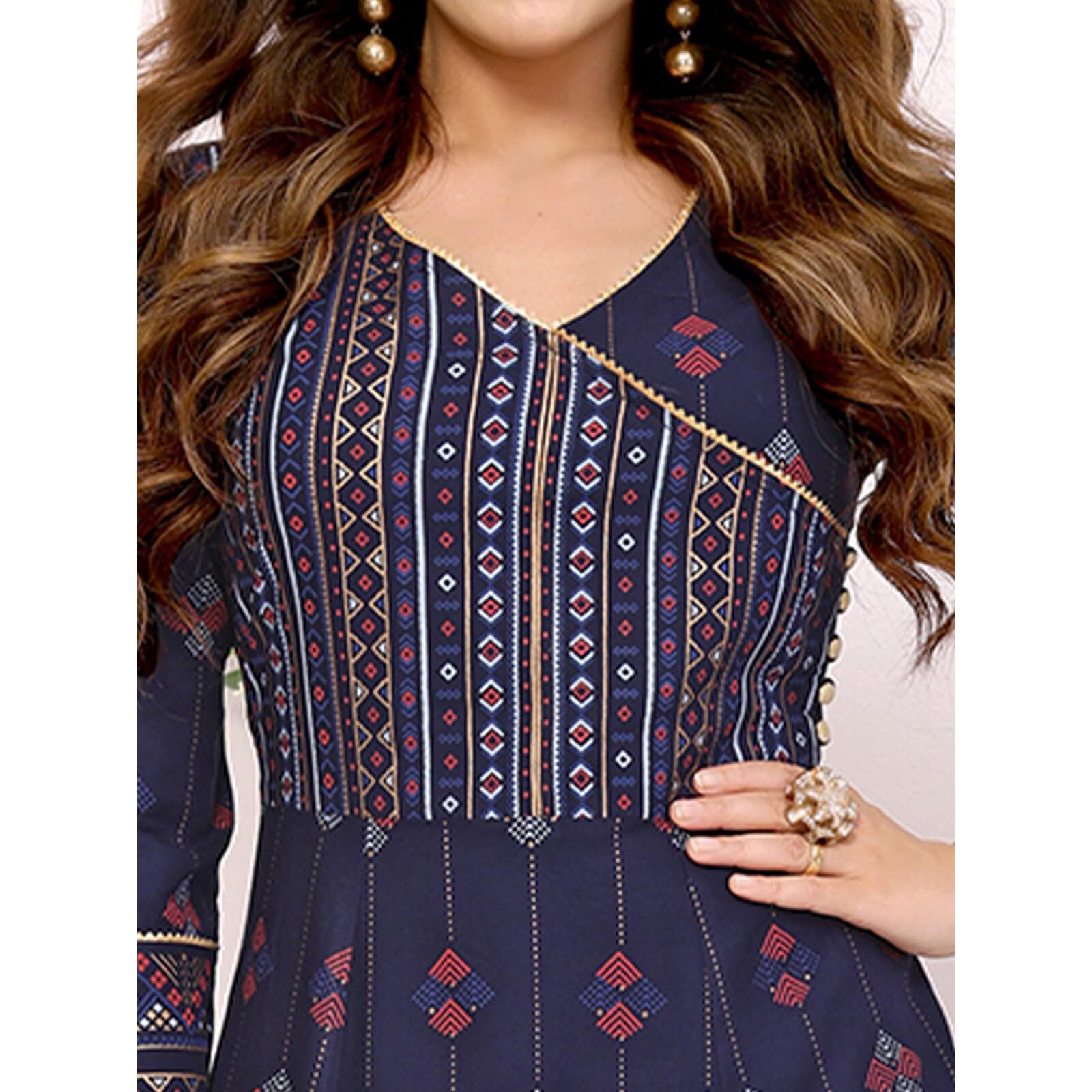 Rangita Navy Rayon Calf Length Printed Angrakha Kurti | Kurta For Women_Xl