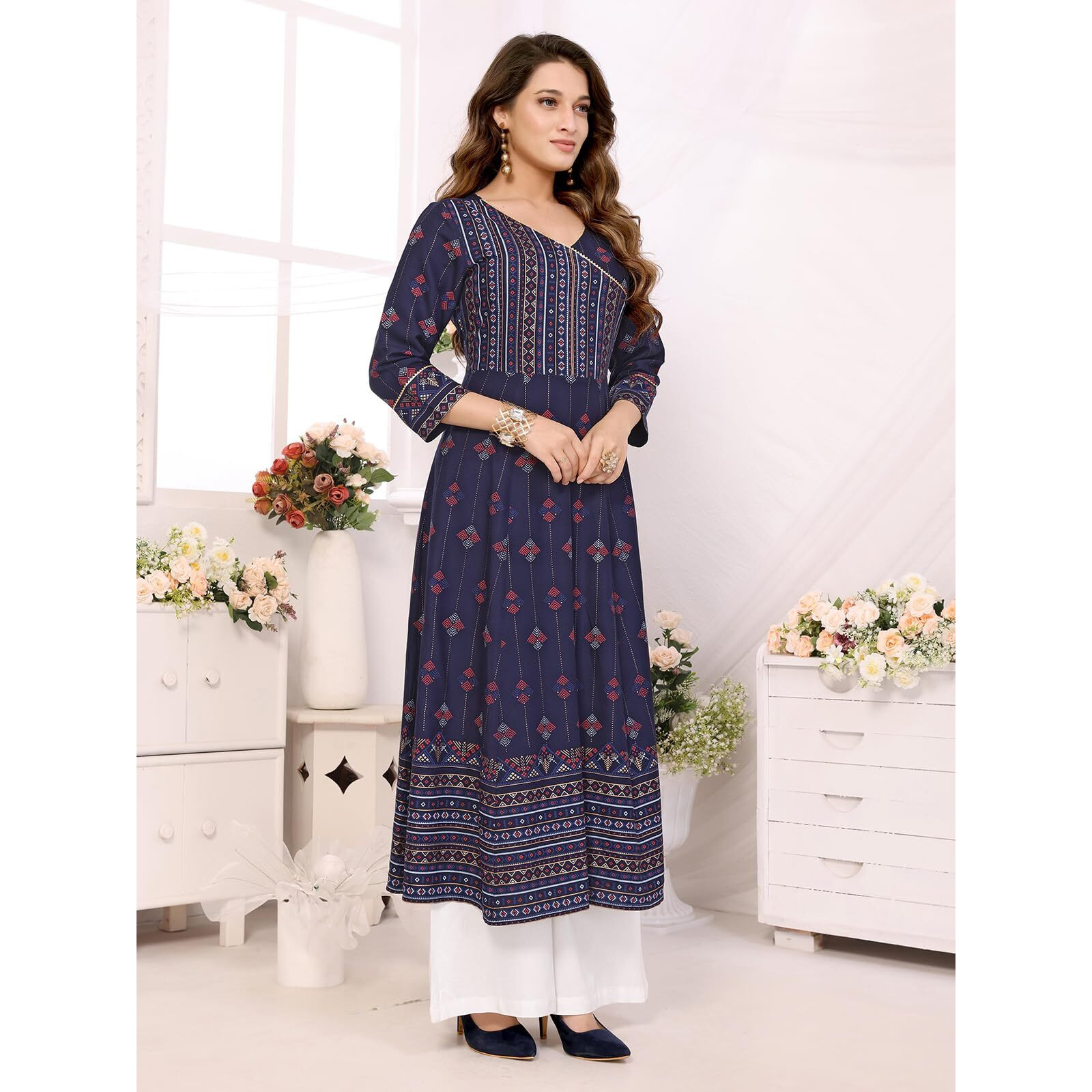 Rangita Navy Rayon Calf Length Printed Angrakha Kurti | Kurta For Women_Xl