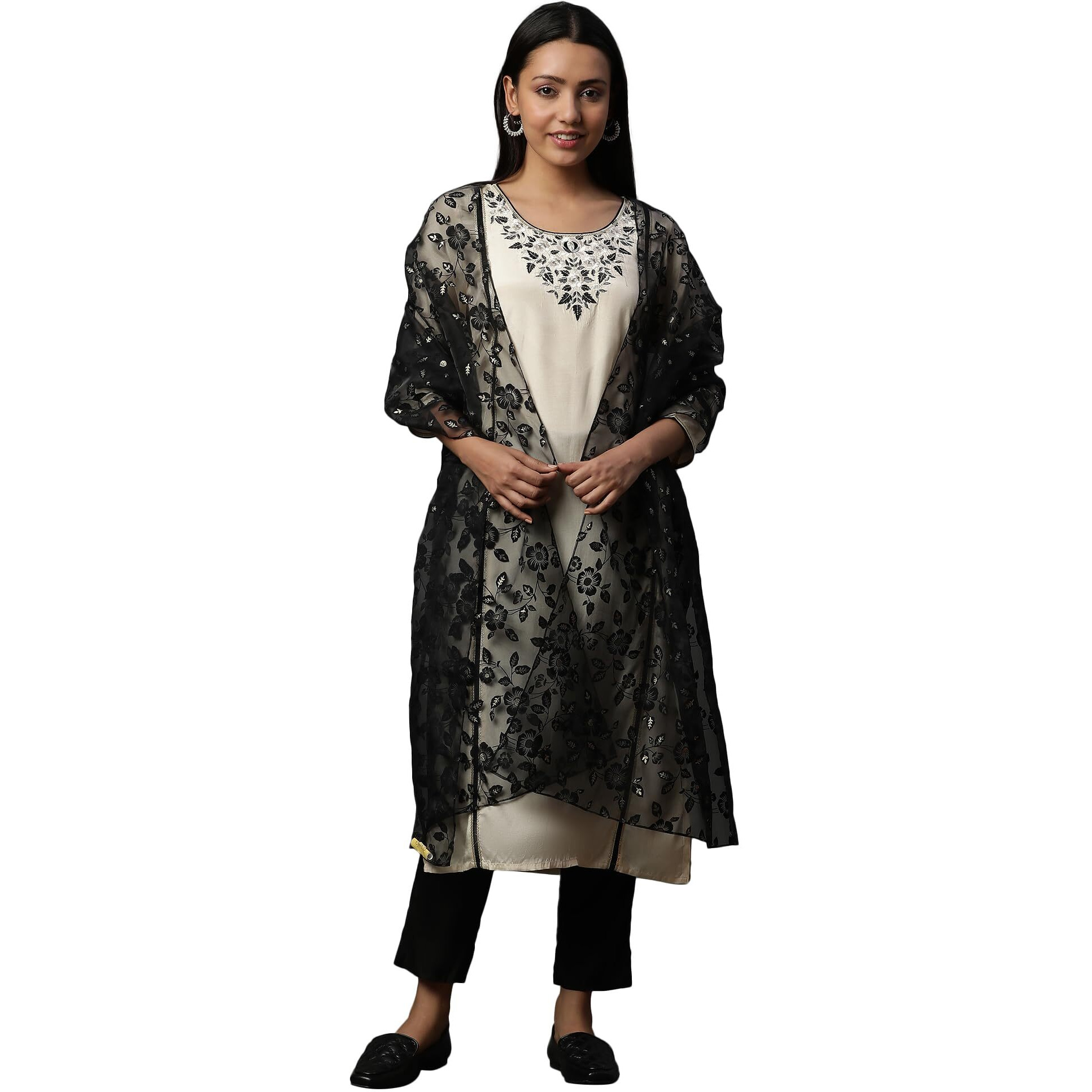 Aurelia Cotton Blend Women Floral Print Dupatta, Black, Free Size