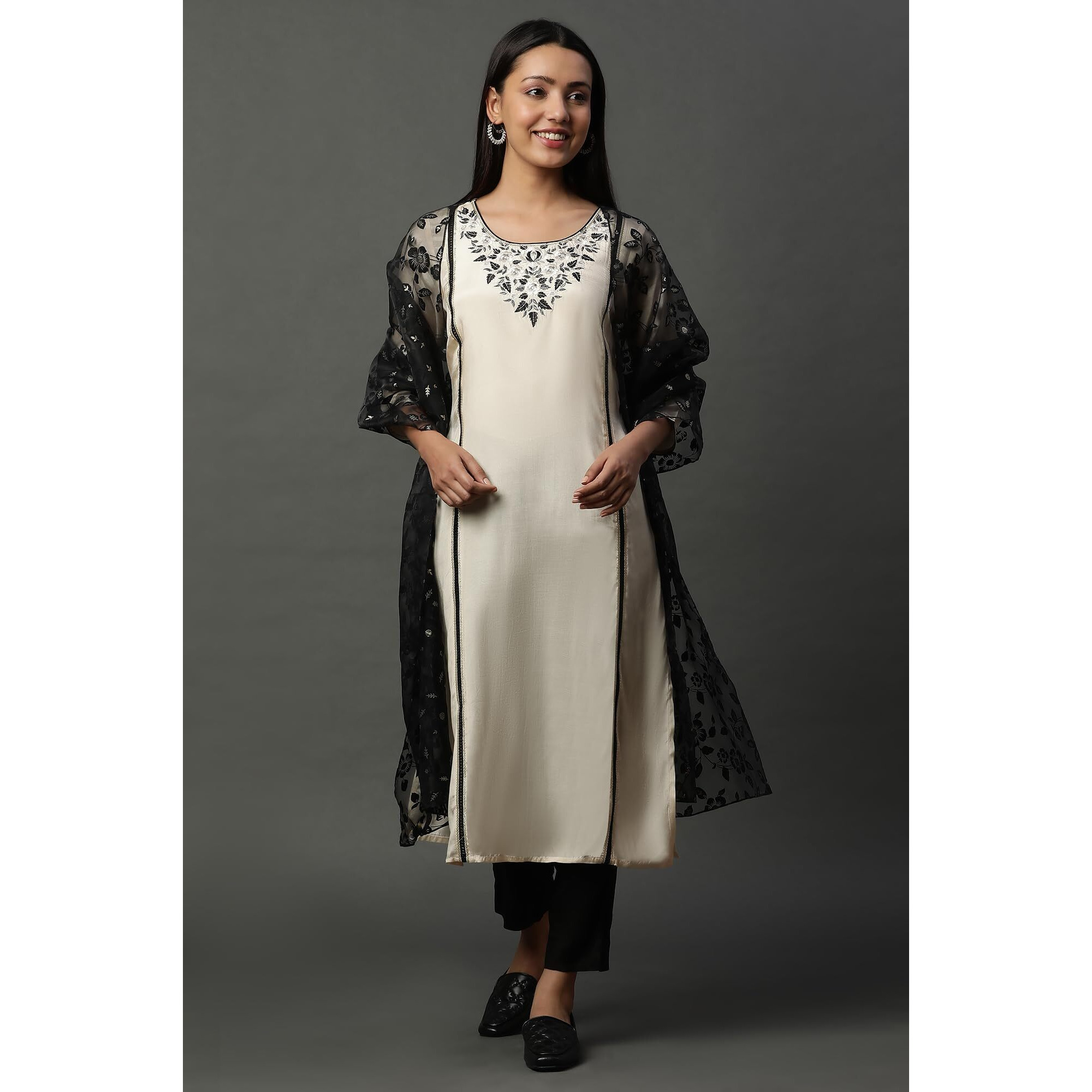 Aurelia Cotton Blend Women Floral Print Dupatta, Black, Free Size