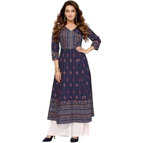 Rangita Navy Rayon Calf Length Printed Angrakha Kurti | Kurta For Women_3Xl
