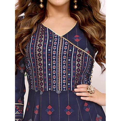 Rangita Navy Rayon Calf Length Printed Angrakha Kurti | Kurta For Women_3Xl