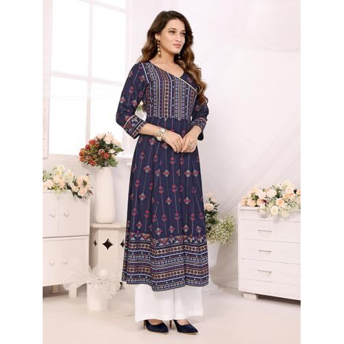 Rangita Navy Rayon Calf Length Printed Angrakha Kurti | Kurta For Women_3Xl