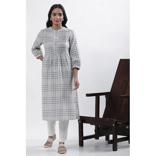 W For Woman White Checked Print Cotton Straight Kurta_24Few11083-313905_L