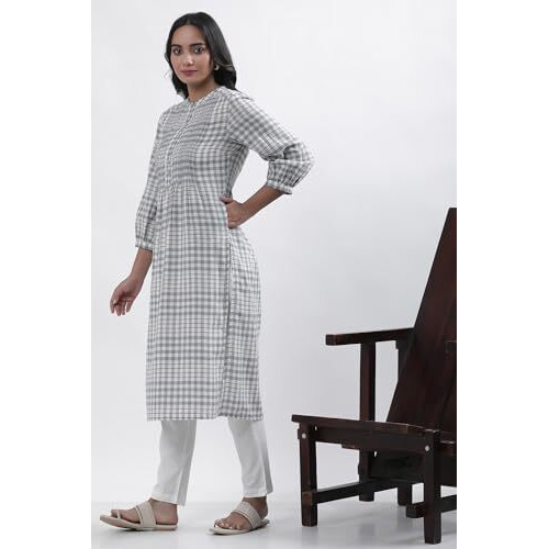 W For Woman White Checked Print Cotton Straight Kurta_24Few11083-313905_L