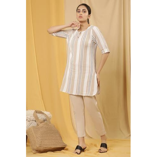 W For Woman White Striped Print Cotton Straight Kurta_24Few30908-313833_Xl