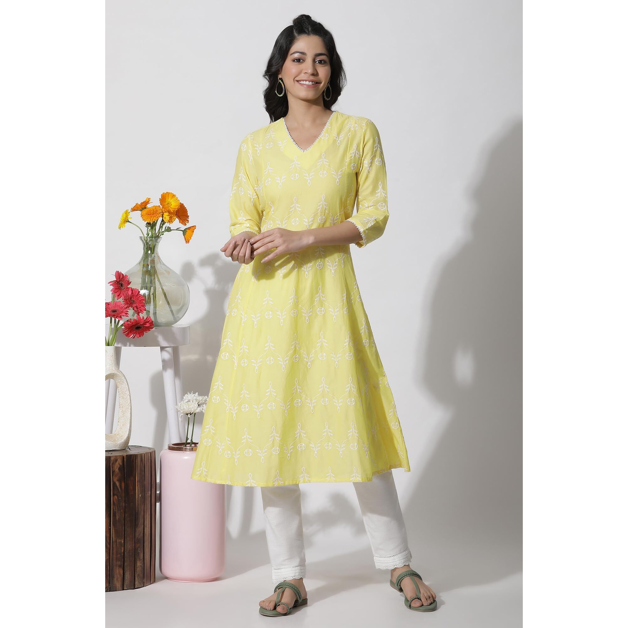 W For Woman Yellow Floral Print Cotton Flared Kurta_24Few11141-400370_M