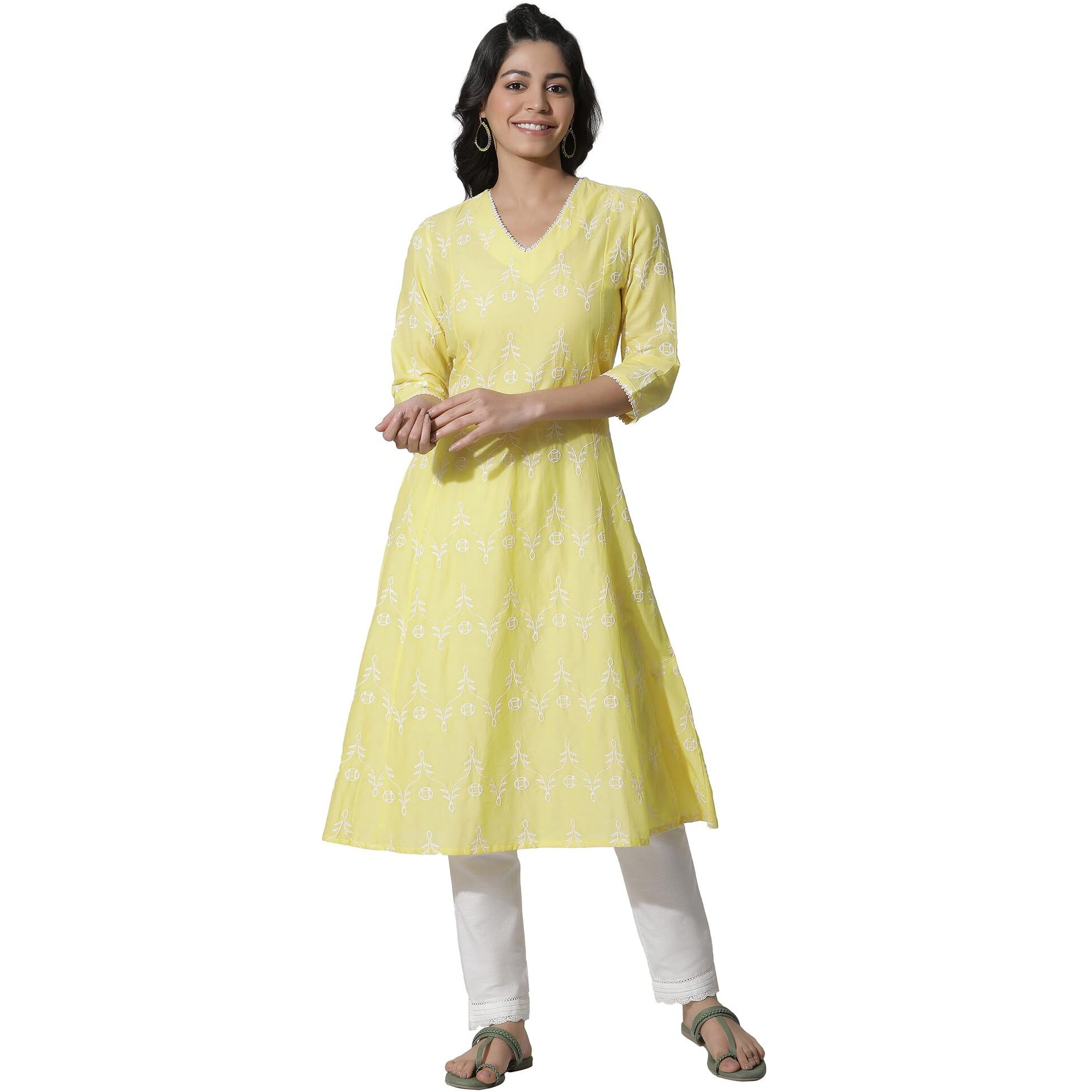 W For Woman Yellow Floral Print Cotton Flared Kurta_24Few11141-400370_Xs
