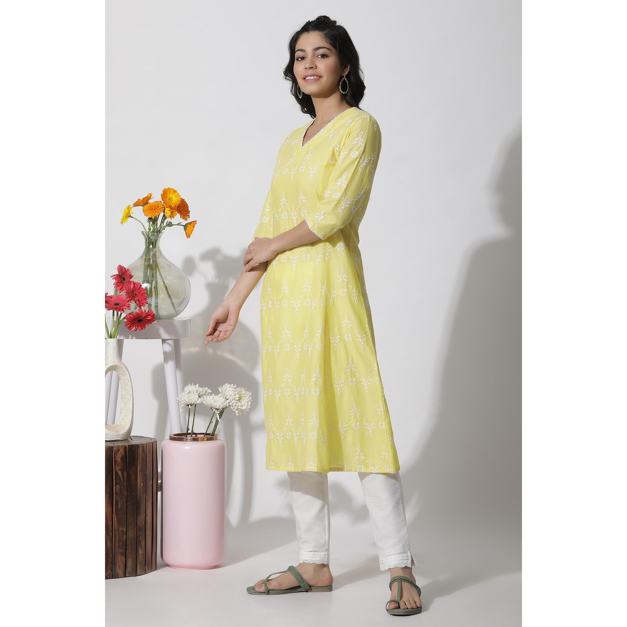 W For Woman Yellow Floral Print Cotton Flared Kurta_24Few11141-400370_Xs