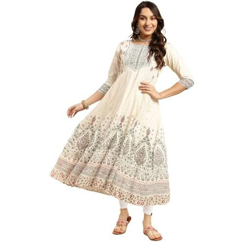 Rangita Cream Cotton Printed Anarkali Kurta With Leggings | Kurta Set For Women_L