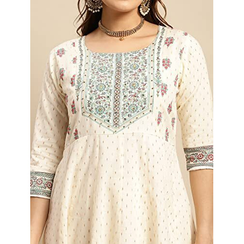 Rangita Cream Cotton Printed Anarkali Kurta With Leggings | Kurta Set For Women_L