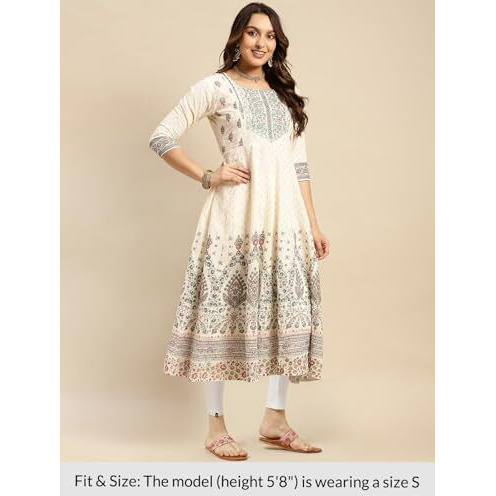 Rangita Cream Cotton Printed Anarkali Kurta With Leggings | Kurta Set For Women_L