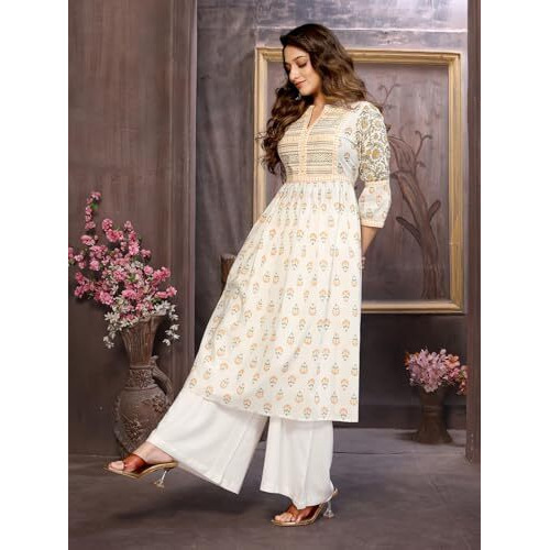 Rangita Orange Cotton Calf Length Embroidered Flared Kurti | Kurta For Women_2Xl