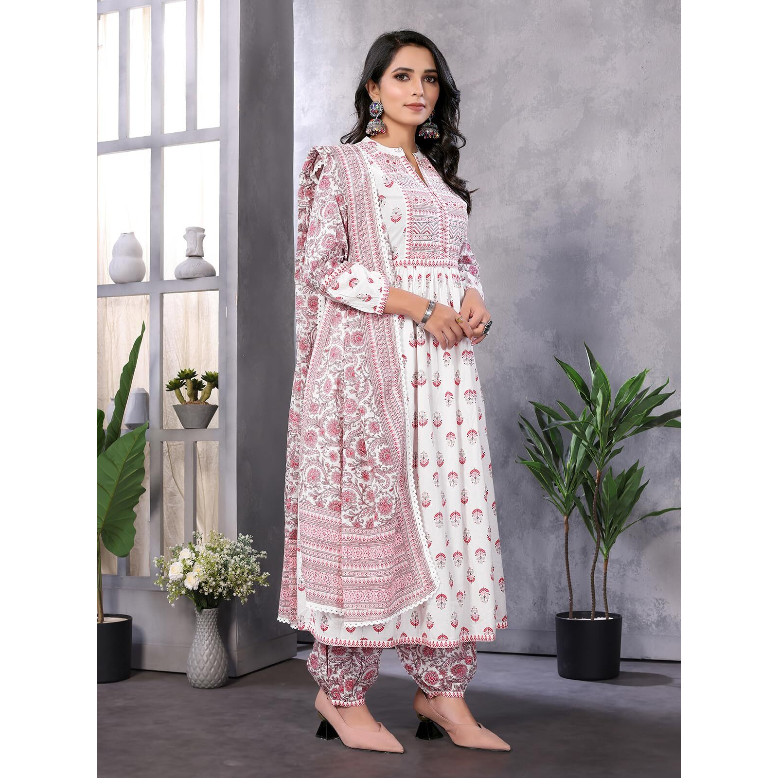 Rangita Pink Cotton Embroidered A-Line Kurta With Afgani Pant And Dupatta | Kurta Set For Women_Xl