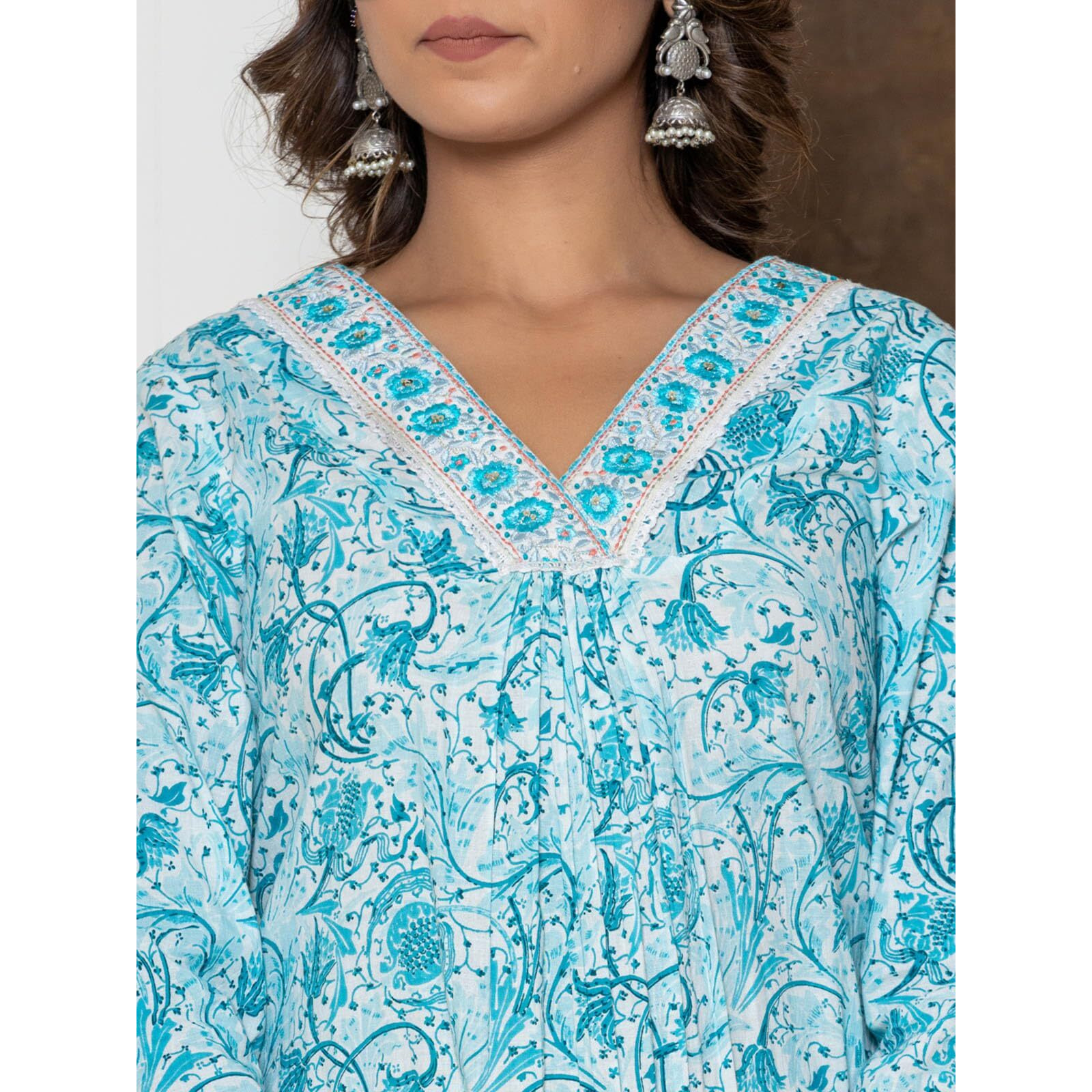 Rangita Blue Cotton Embroidered Straight Kurti With Pant And Dupatta | Kurta Set For Women_Xl