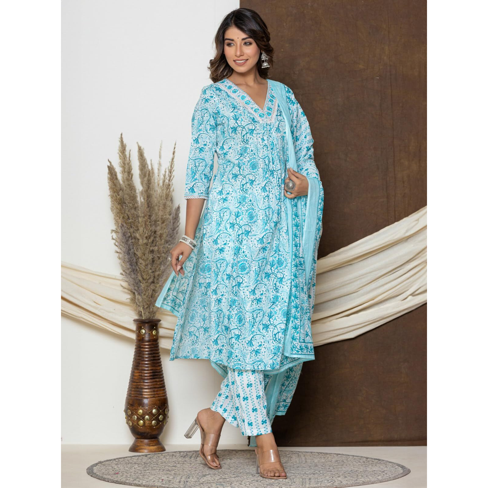 Rangita Blue Cotton Embroidered Straight Kurti With Pant And Dupatta | Kurta Set For Women_Xl