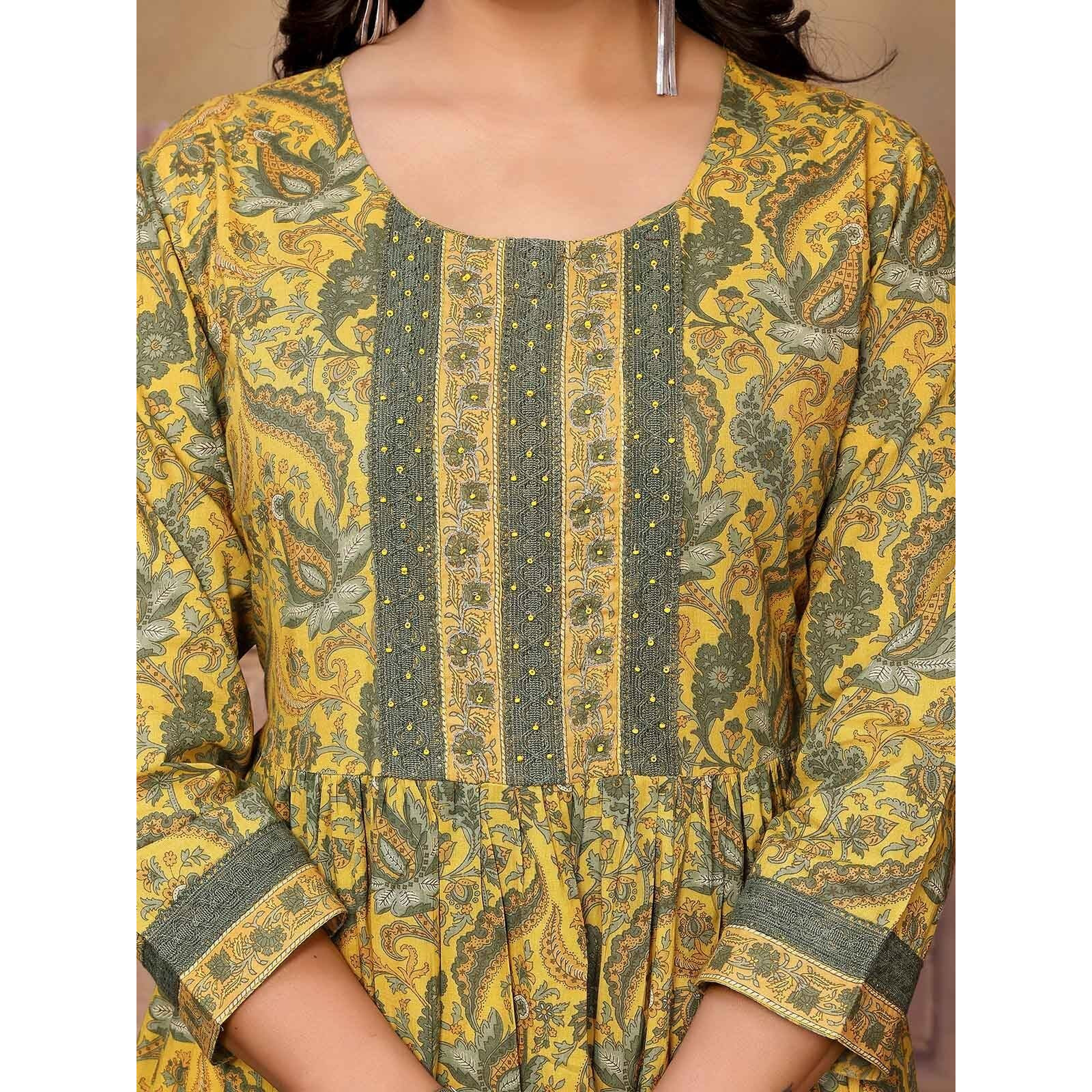 Rangita Yellow Cotton Calf Length Embroidered Tiered Flared Kurti | Kurta For Women_Xl