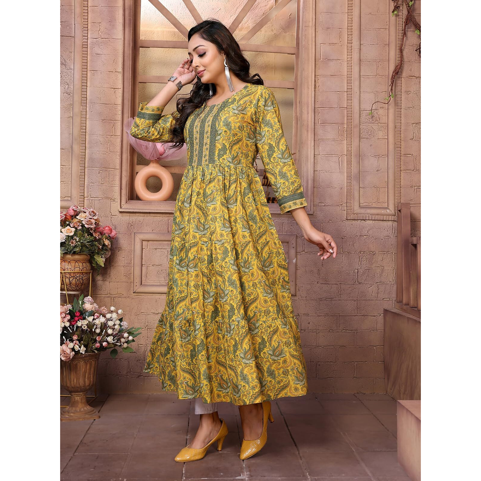Rangita Yellow Cotton Calf Length Embroidered Tiered Flared Kurti | Kurta For Women_Xl