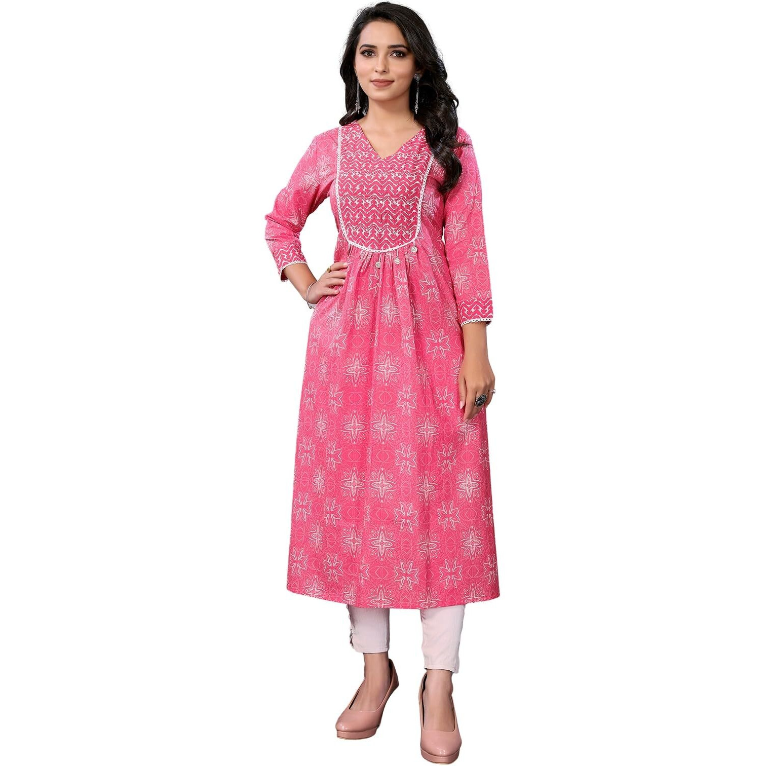Rangita Pink Cotton Calf Length Embroidered A-Line Kurti | Kurta For Women_L