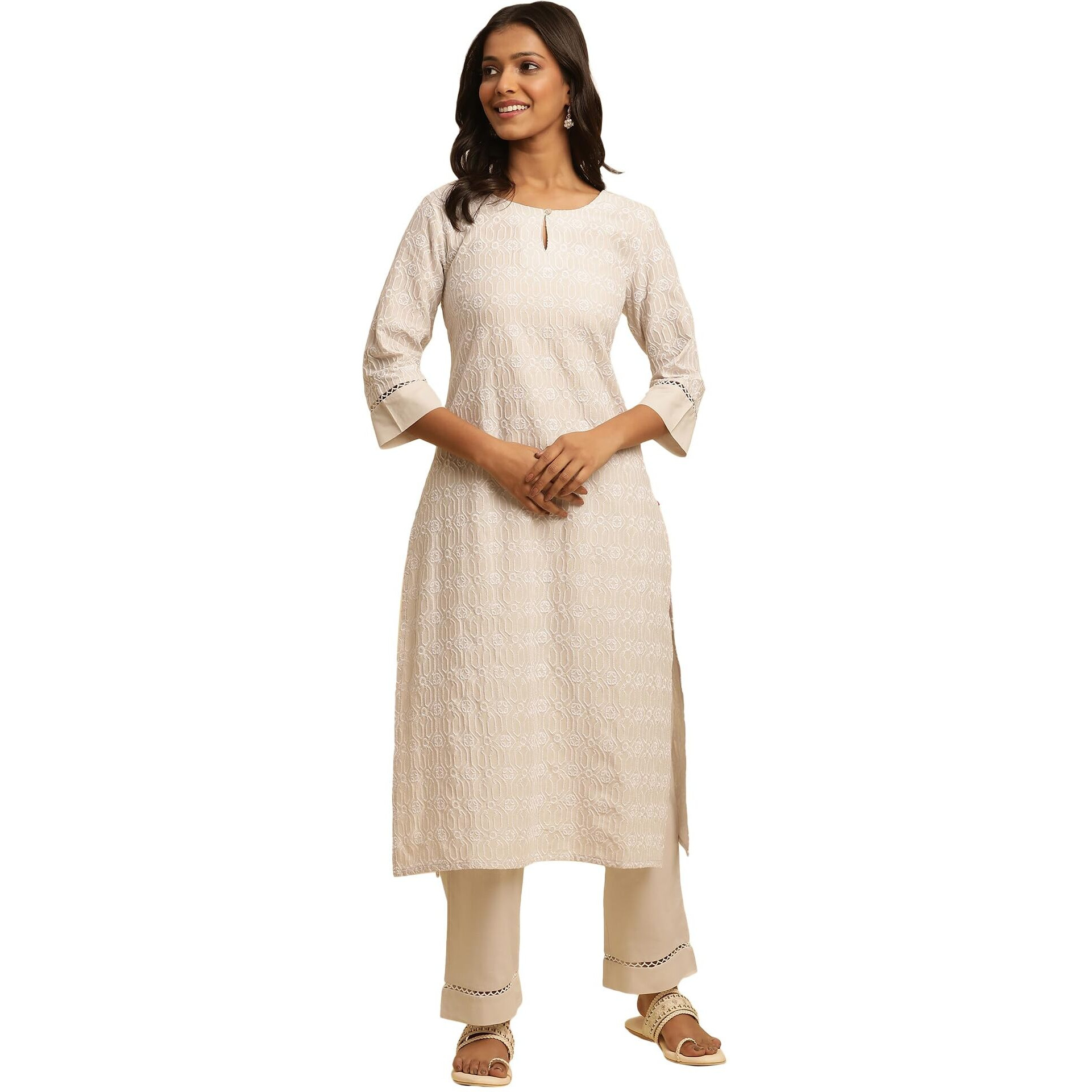 W For Woman W Women Grey Geometric Print Cotton Kurta & Straight Pant_24Fews11143-400373_S