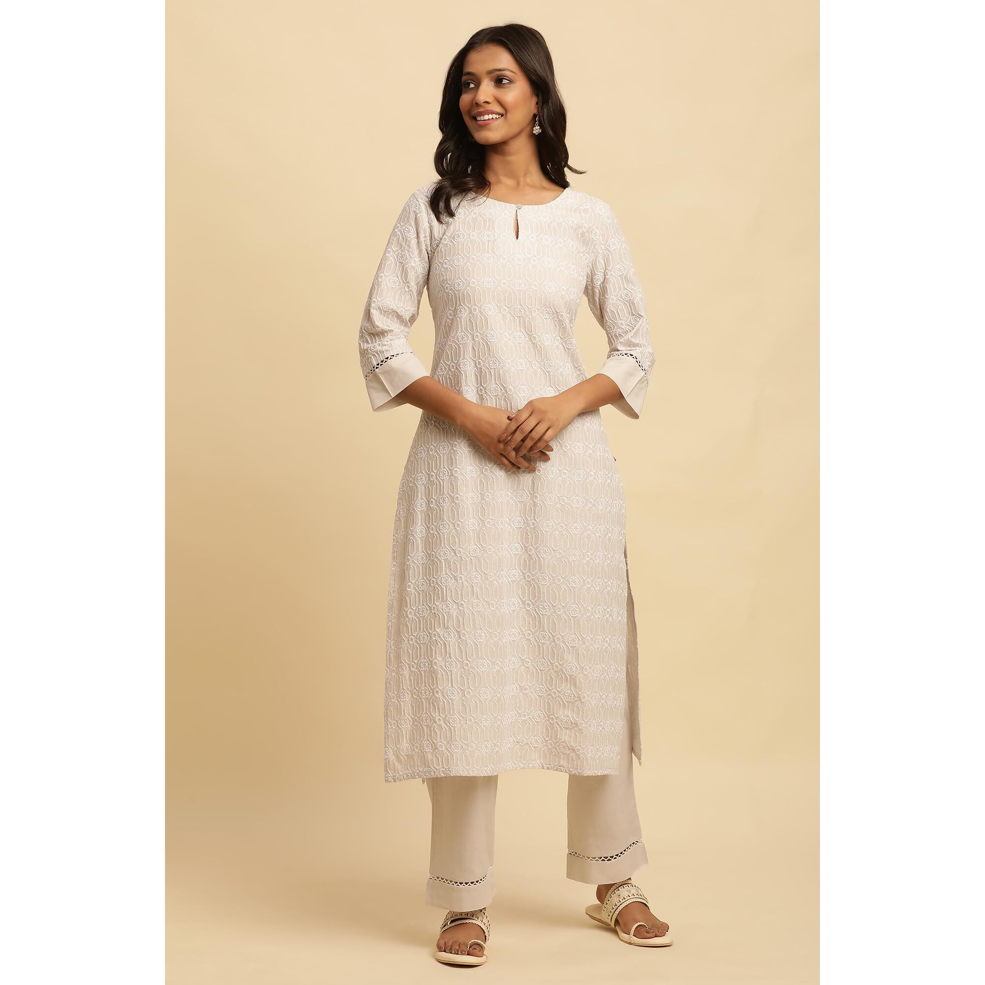 W For Woman W Women Grey Geometric Print Cotton Kurta & Straight Pant_24Fews11143-400373_S