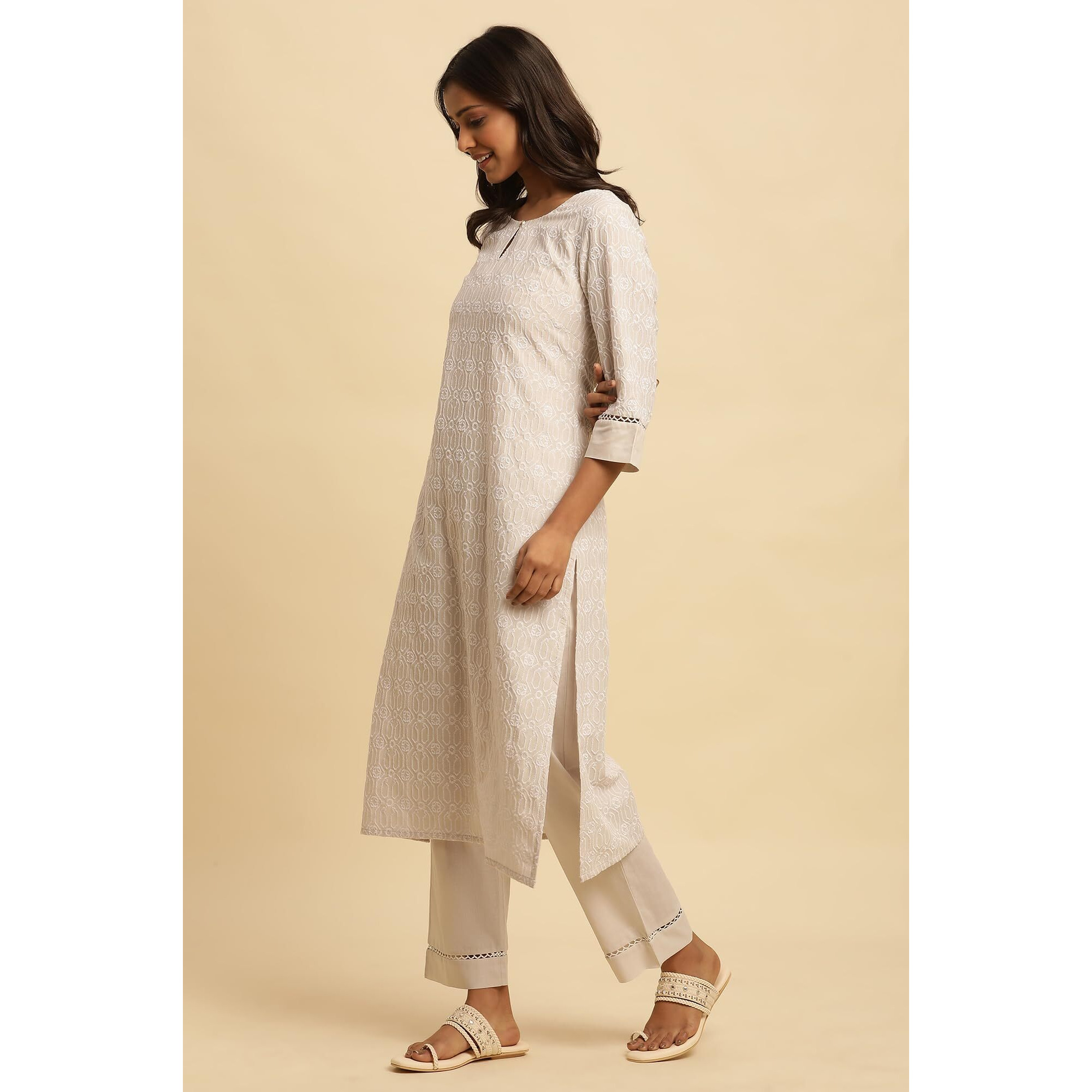 W For Woman W Women Grey Geometric Print Cotton Kurta & Straight Pant_24Fews11143-400373_S