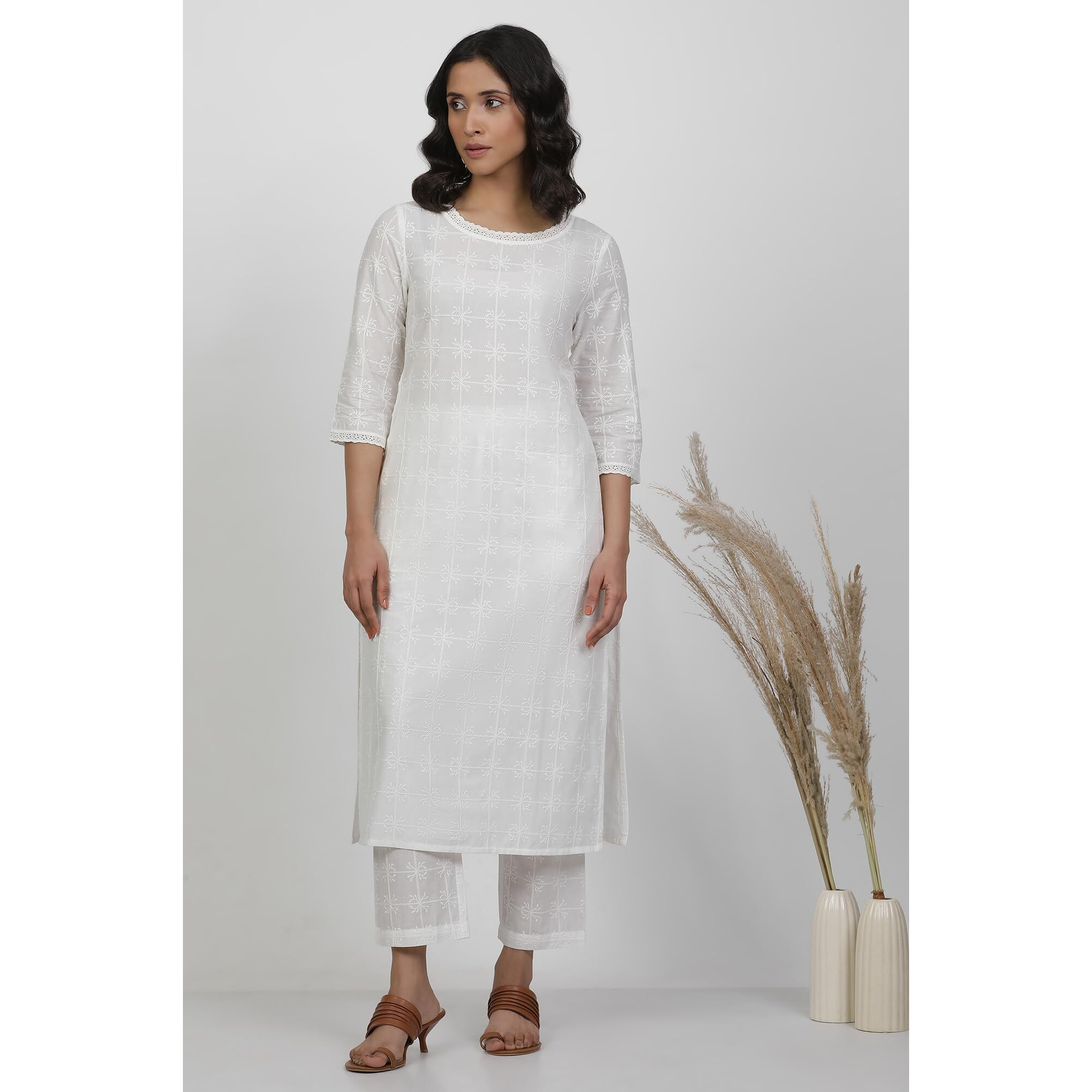 W For Woman White Checked Print Cotton Straight Co-Ord Kurta Set With Straight Pant_24Fews11144-400539_S