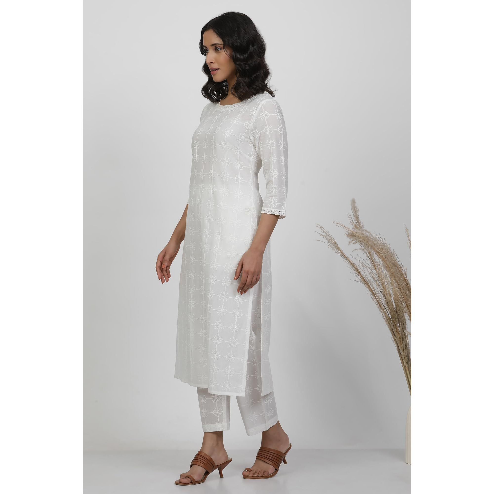 W For Woman White Checked Print Cotton Straight Co-Ord Kurta Set With Straight Pant_24Fews11144-400539_S