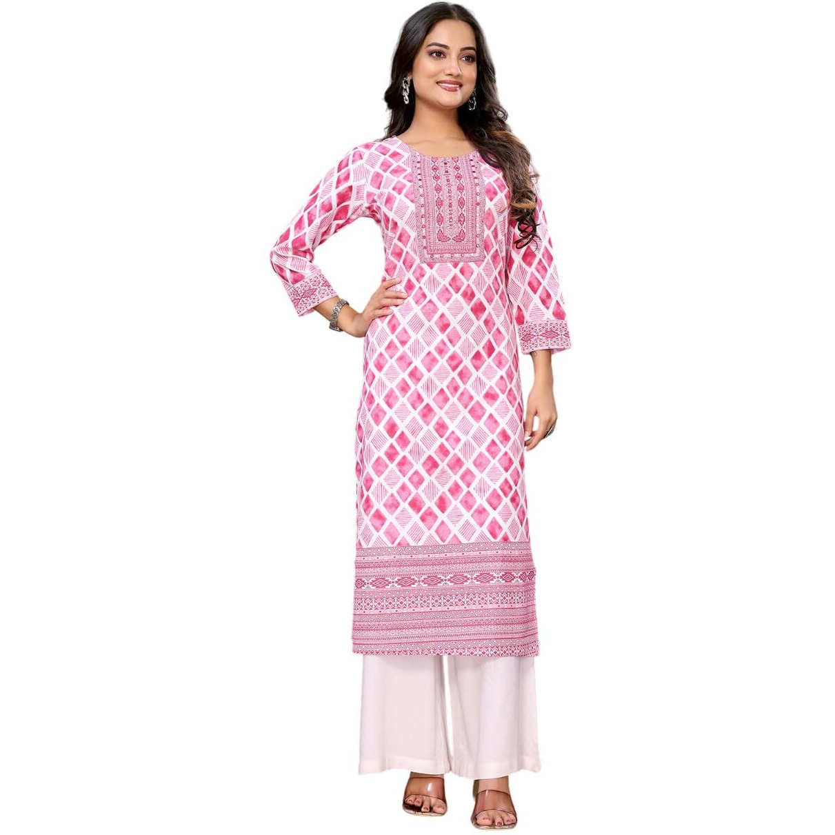 Rangita Pink Cotton Embroidered Calf Length Straight Kurti | Kurta For Women_M