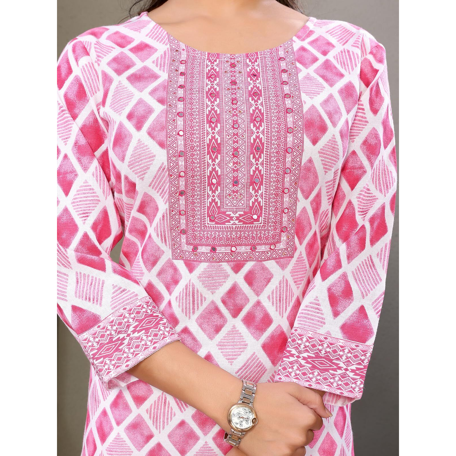 Rangita Pink Cotton Embroidered Calf Length Straight Kurti | Kurta For Women_M