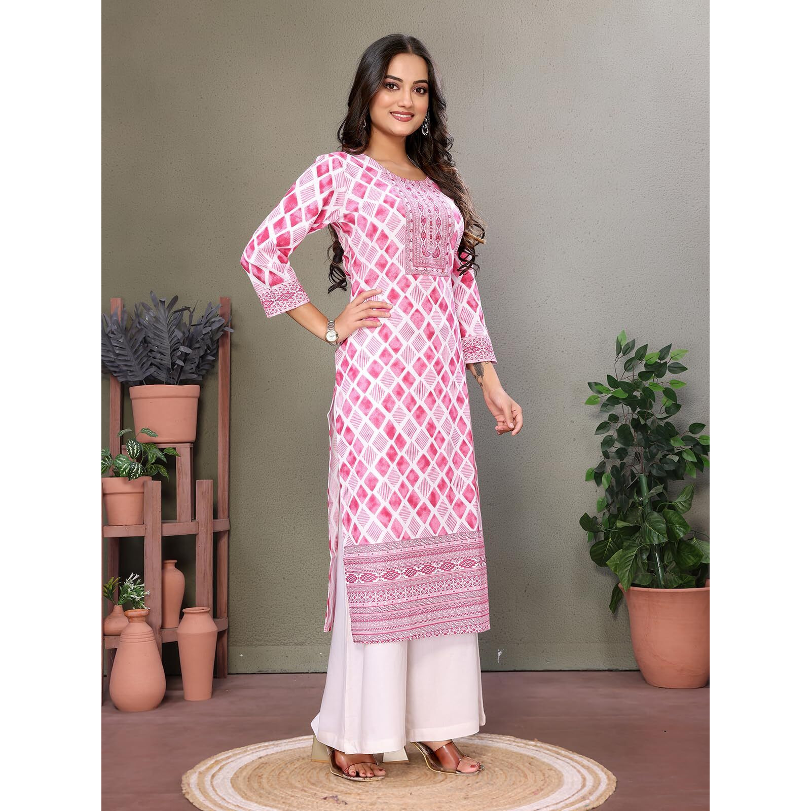 Rangita Pink Cotton Embroidered Calf Length Straight Kurti | Kurta For Women_M