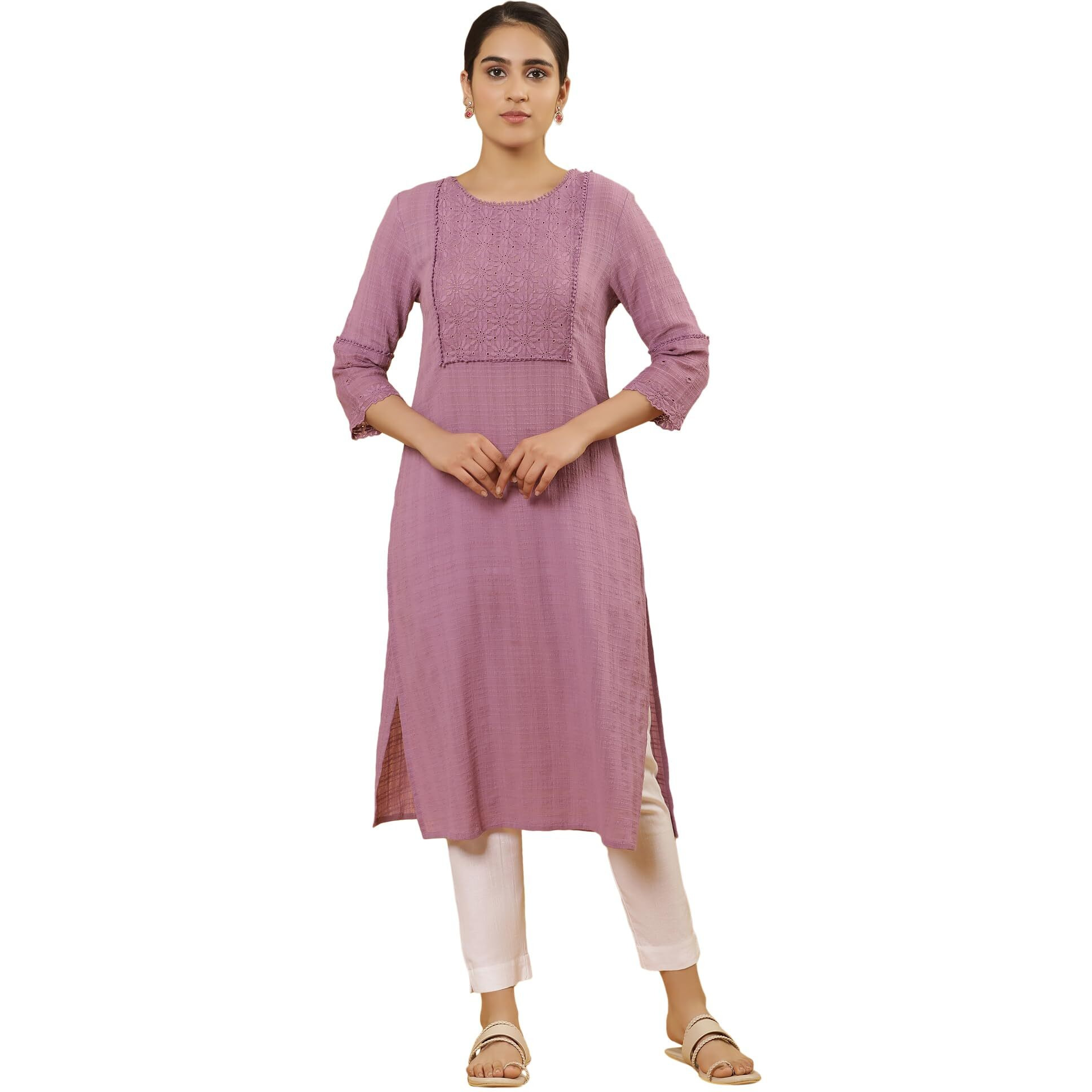 W For Woman Purple Embroidered Cotton Straight Kurta_24Few11368-221946_2Xl