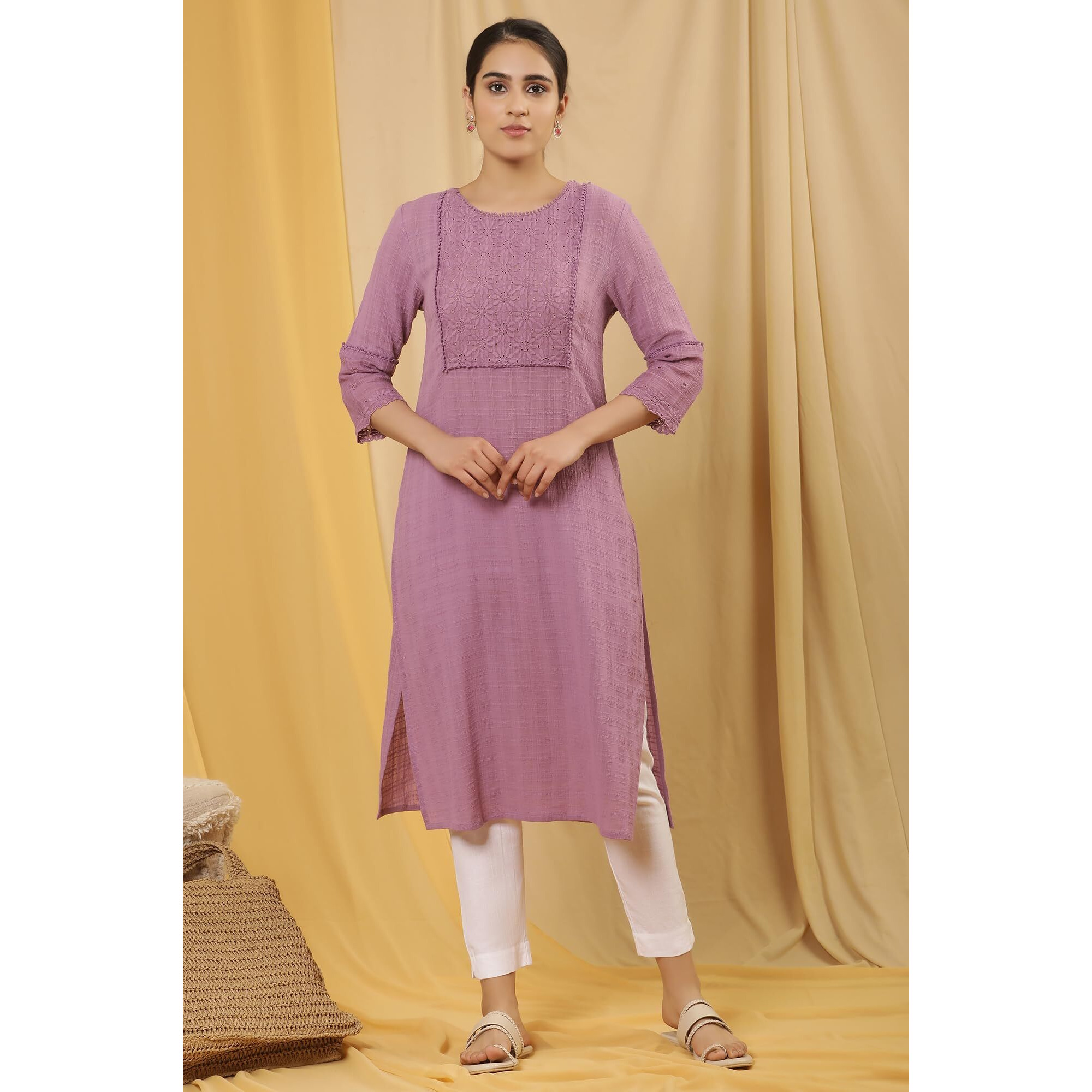 W For Woman Purple Embroidered Cotton Straight Kurta_24Few11368-221946_2Xl