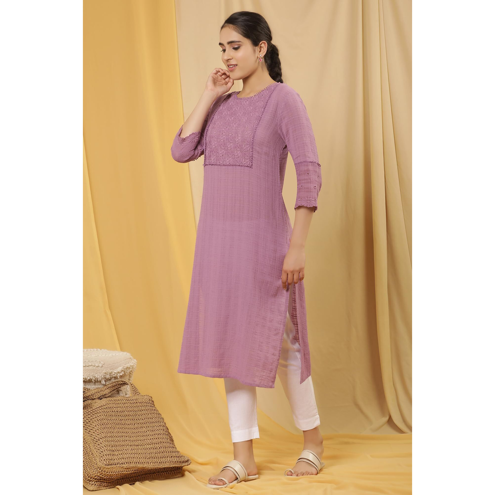 W For Woman Purple Embroidered Cotton Straight Kurta_24Few11368-221946_2Xl