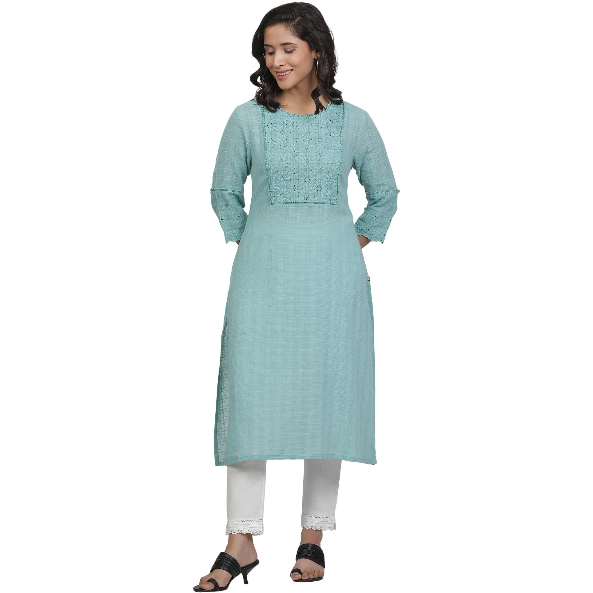 W For Woman Blue Cotton Kurta With Schiffli Yoke (Size M)-24Few11368-221948