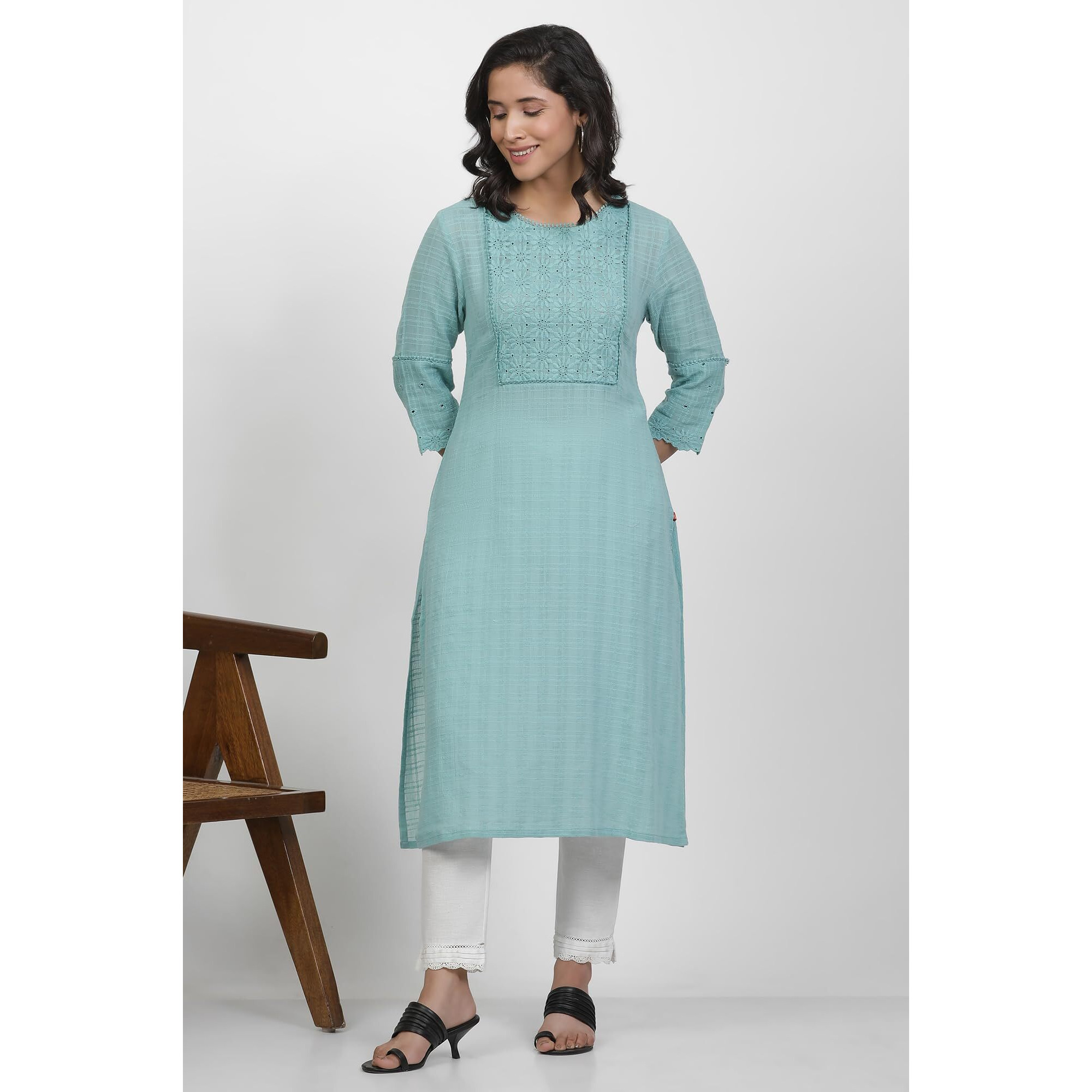 W For Woman Blue Cotton Kurta With Schiffli Yoke (Size M)-24Few11368-221948