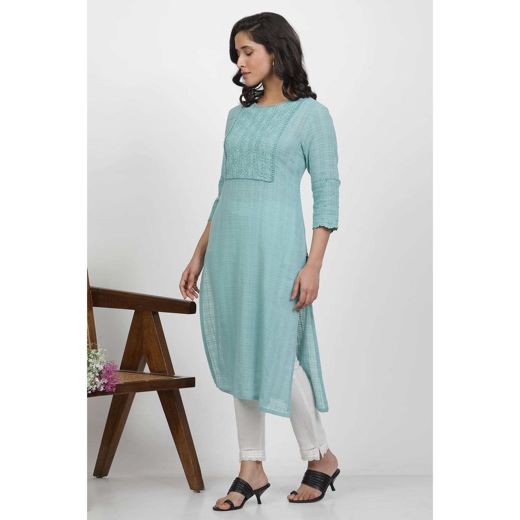 W For Woman Blue Cotton Kurta With Schiffli Yoke (Size M)-24Few11368-221948