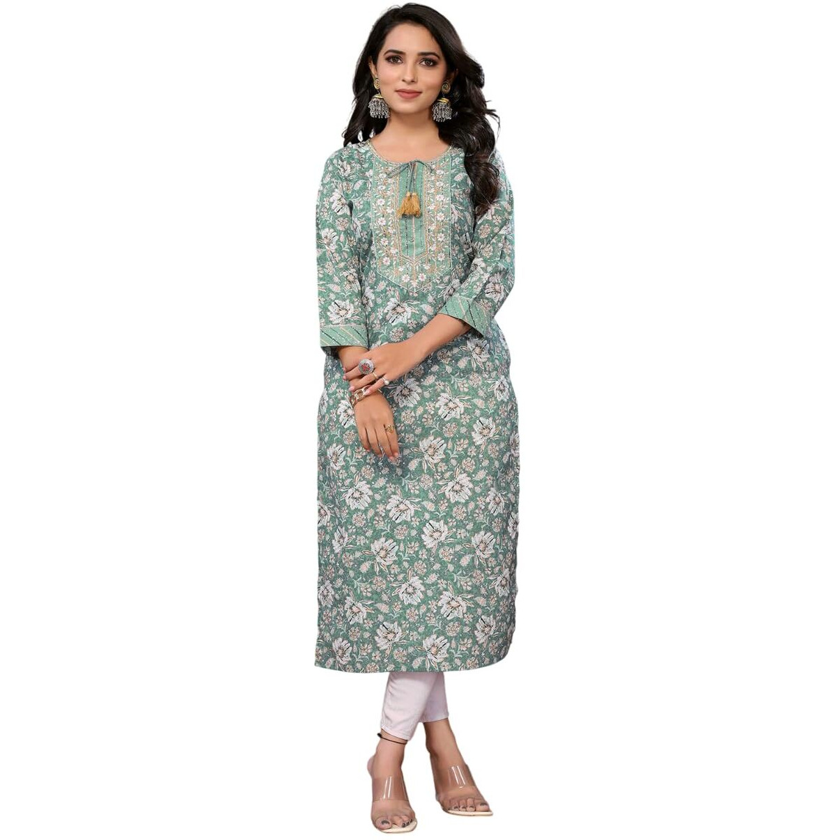 Rangita Green Cotton Calf Length Embroidered Straight Kurti | Kurta For Women_M